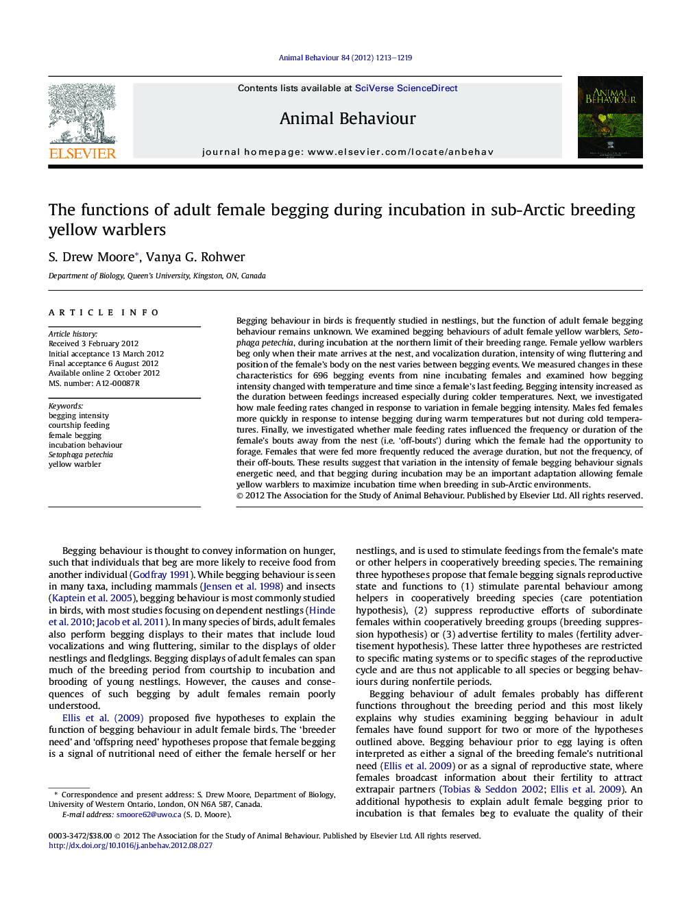 The functions of adult female begging during incubation in sub-Arctic breeding yellow warblers