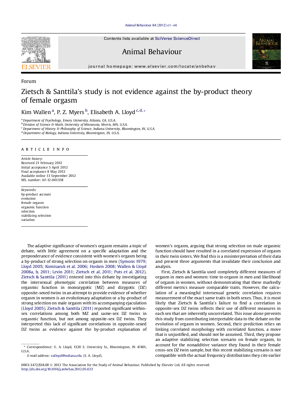 Zietsch & Santtila's study is not evidence against the by-product theory of female orgasm