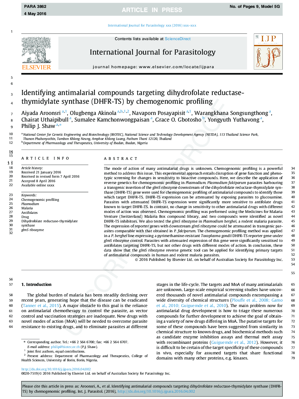 Identifying antimalarial compounds targeting dihydrofolate reductase-thymidylate synthase (DHFR-TS) by chemogenomic profiling