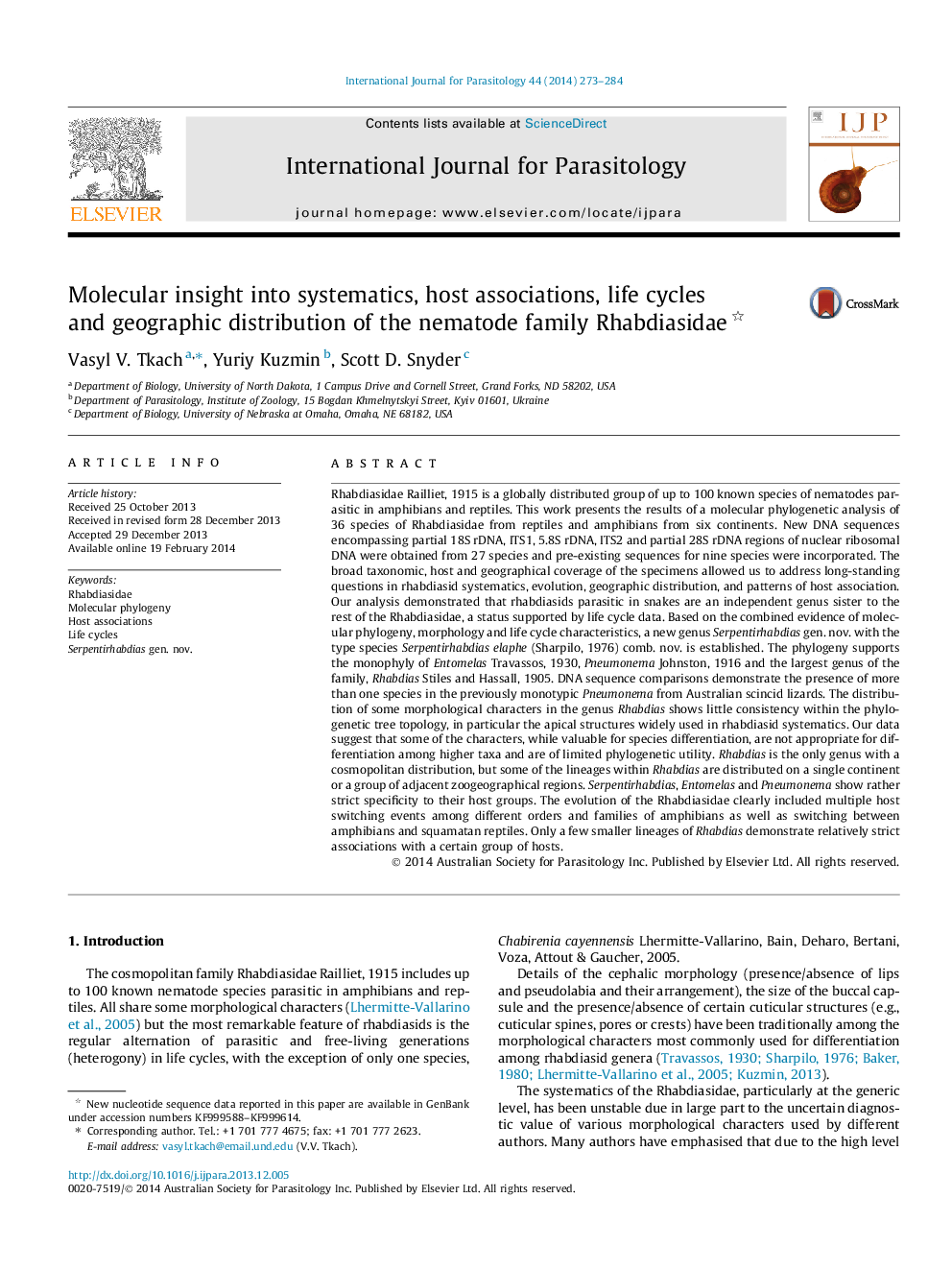 Molecular insight into systematics, host associations, life cycles and geographic distribution of the nematode family Rhabdiasidae