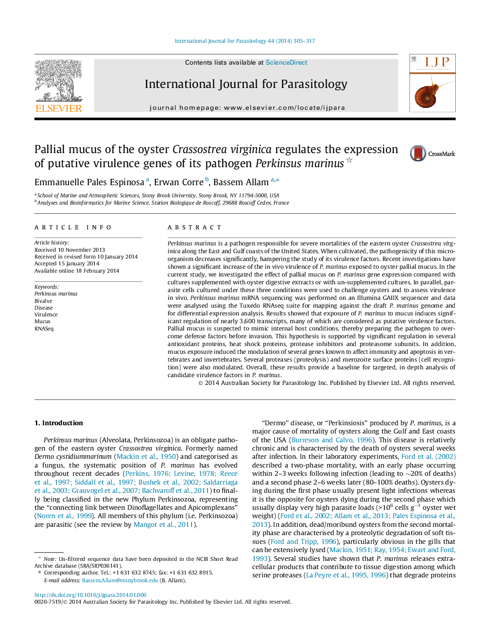 Pallial mucus of the oyster Crassostrea virginica regulates the expression of putative virulence genes of its pathogen Perkinsus marinus