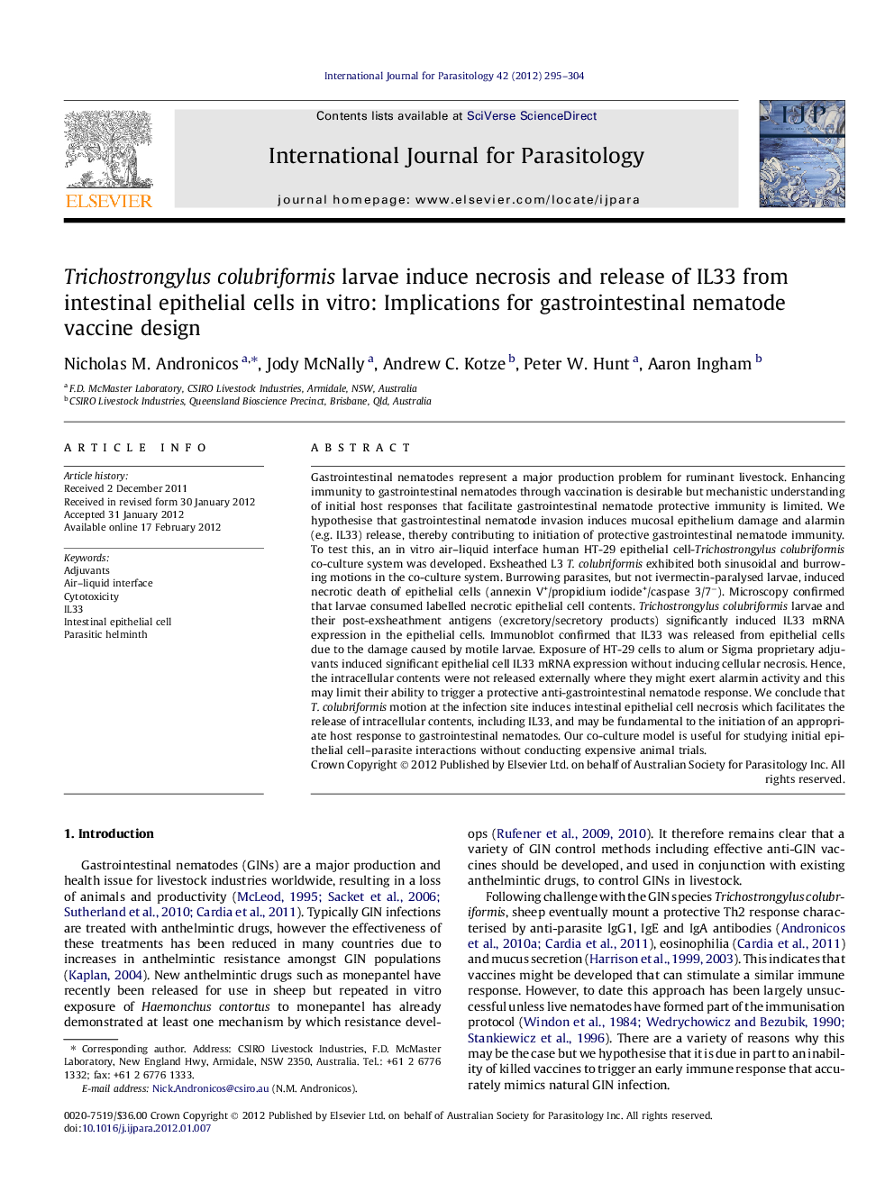 Trichostrongylus colubriformis larvae induce necrosis and release of IL33 from intestinal epithelial cells in vitro: Implications for gastrointestinal nematode vaccine design