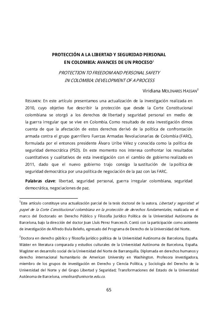 PROTECCIÓN A LA LIBERTAD Y SEGURIDAD PERSONAL EN COLOMBIA: AVANCES DE UN PROCESO 