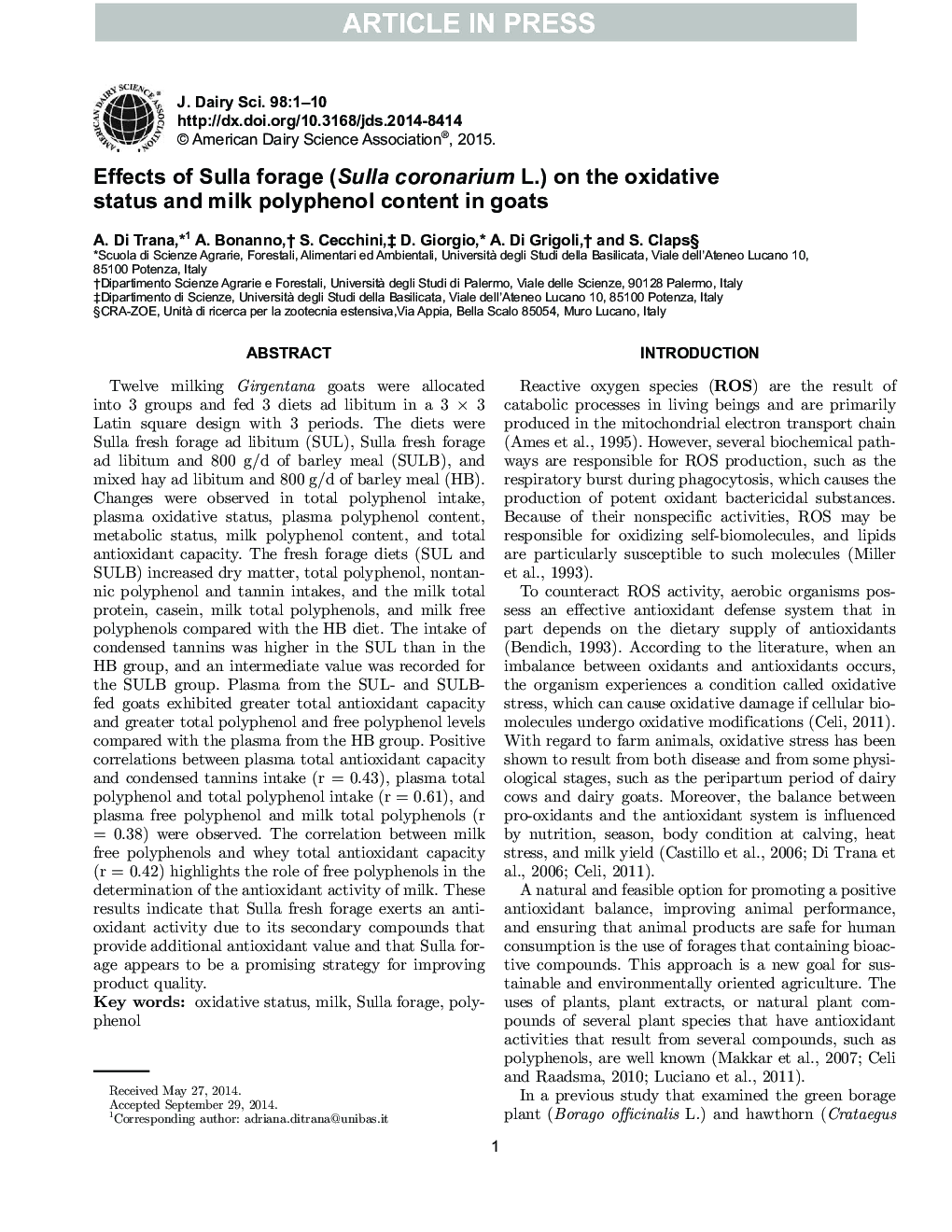 Effects of Sulla forage (Sulla coronarium L.) on the oxidative status and milk polyphenol content in goats