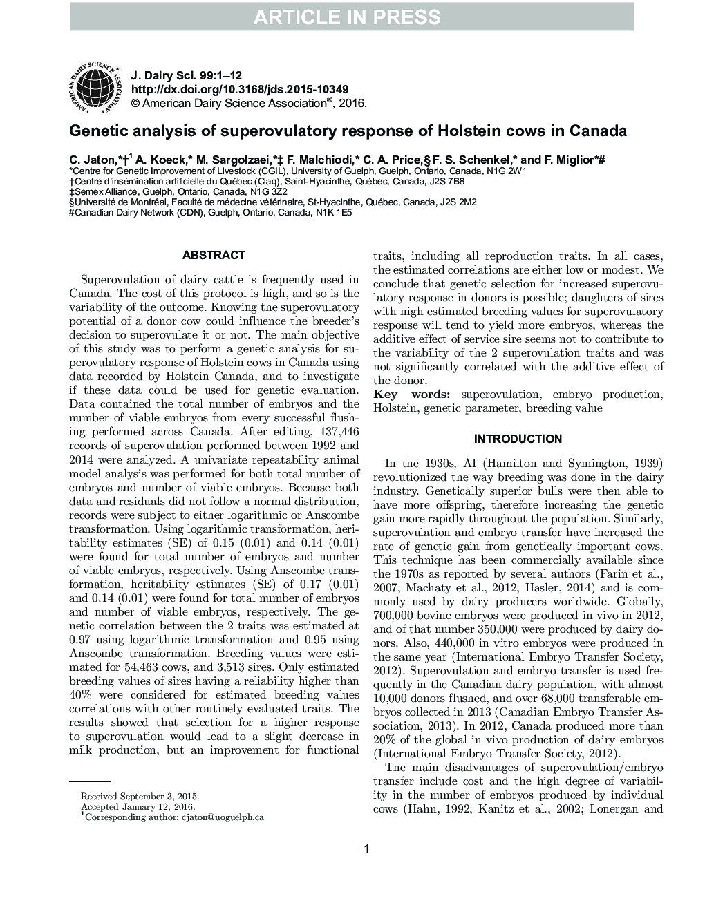 تجزیه و تحلیل ژنتیکی پاسخ سوپرولوویتی گاوهای هلشتاین در کانادا 