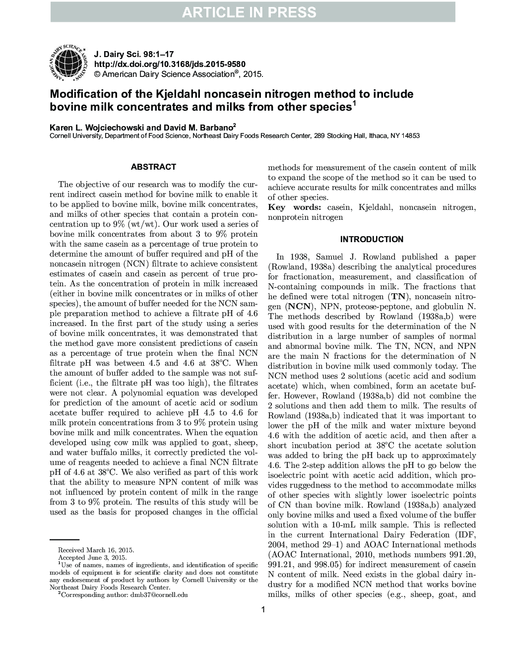 Modification of the Kjeldahl noncasein nitrogen method to include bovine milk concentrates and milks from other species1