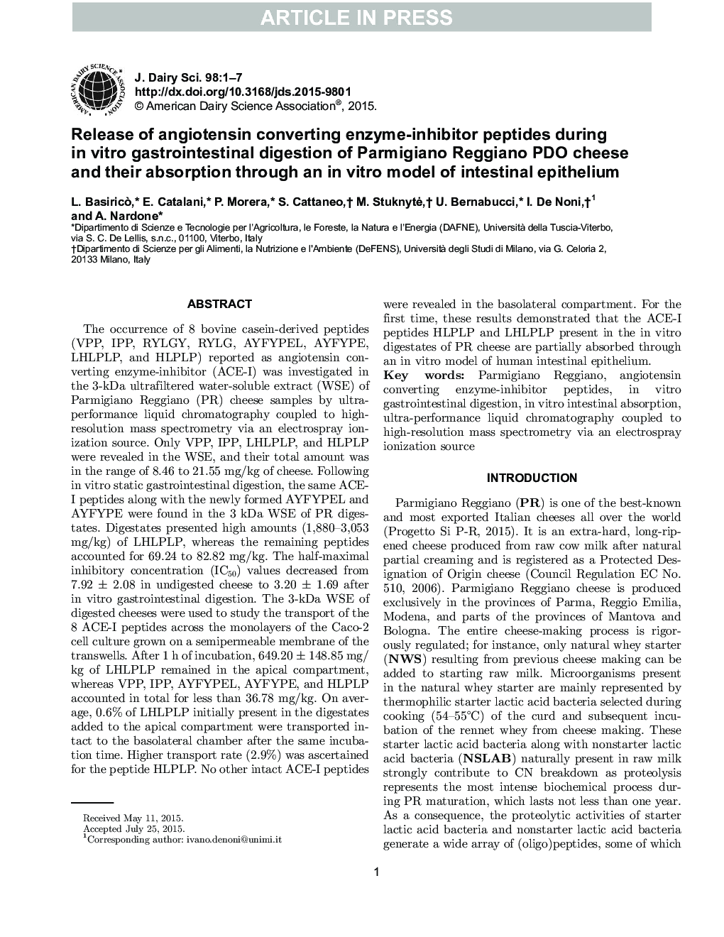 Release of angiotensin converting enzyme-inhibitor peptides during in vitro gastrointestinal digestion of Parmigiano Reggiano PDO cheese and their absorption through an in vitro model of intestinal epithelium