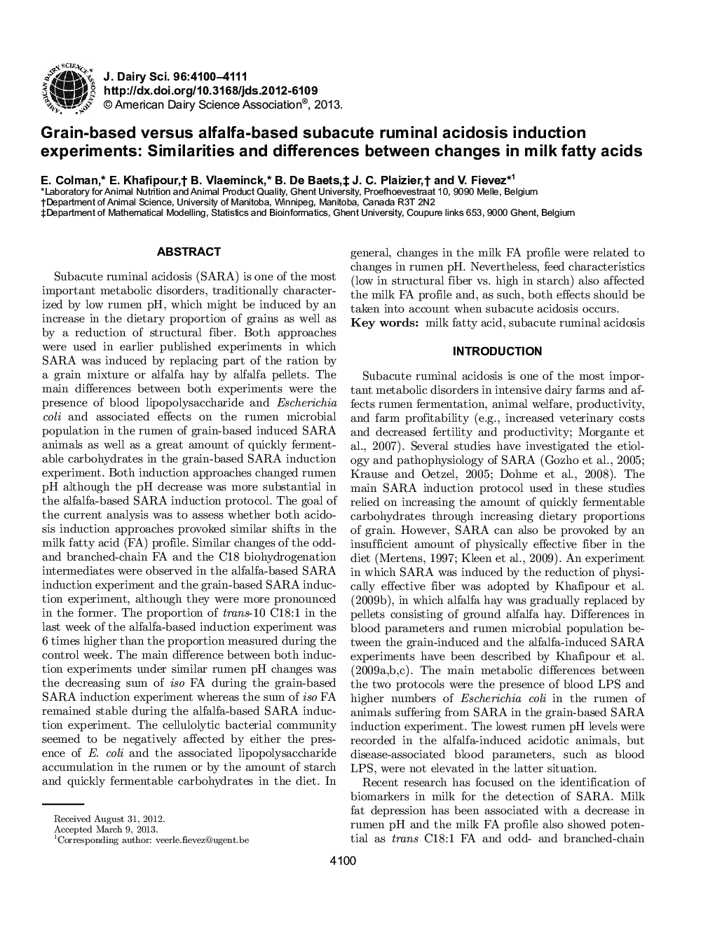 آزمایشات القاء اسیدوز رامینال بر پایه یونجه و مبتنی بر یونجه: شباهت ها و تفاوت های بین تغییرات اسید های چرب شیر 