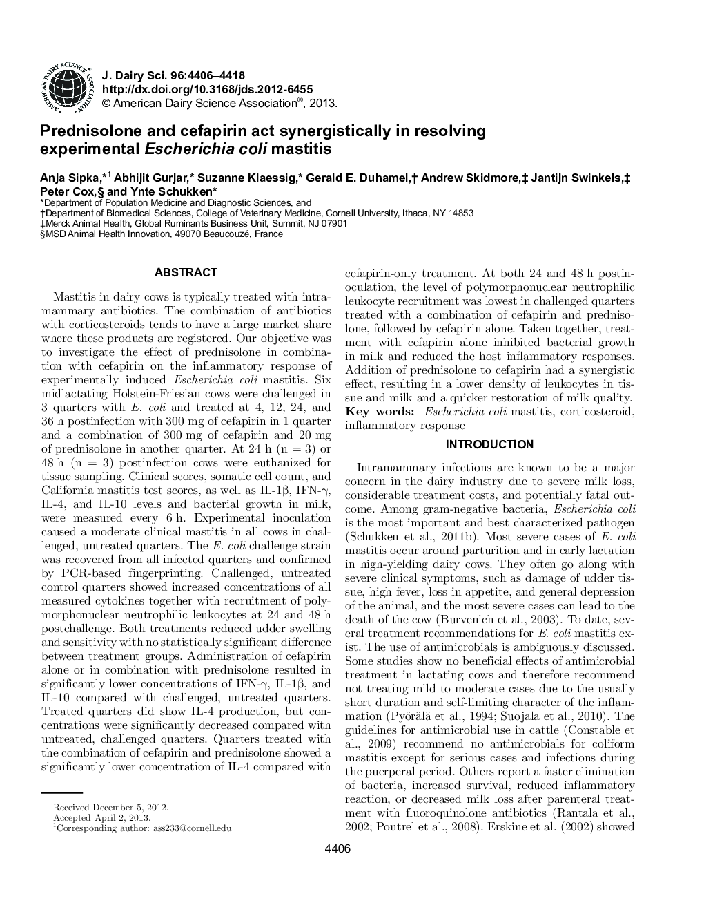 Prednisolone and cefapirin act synergistically in resolving experimental Escherichia coli mastitis