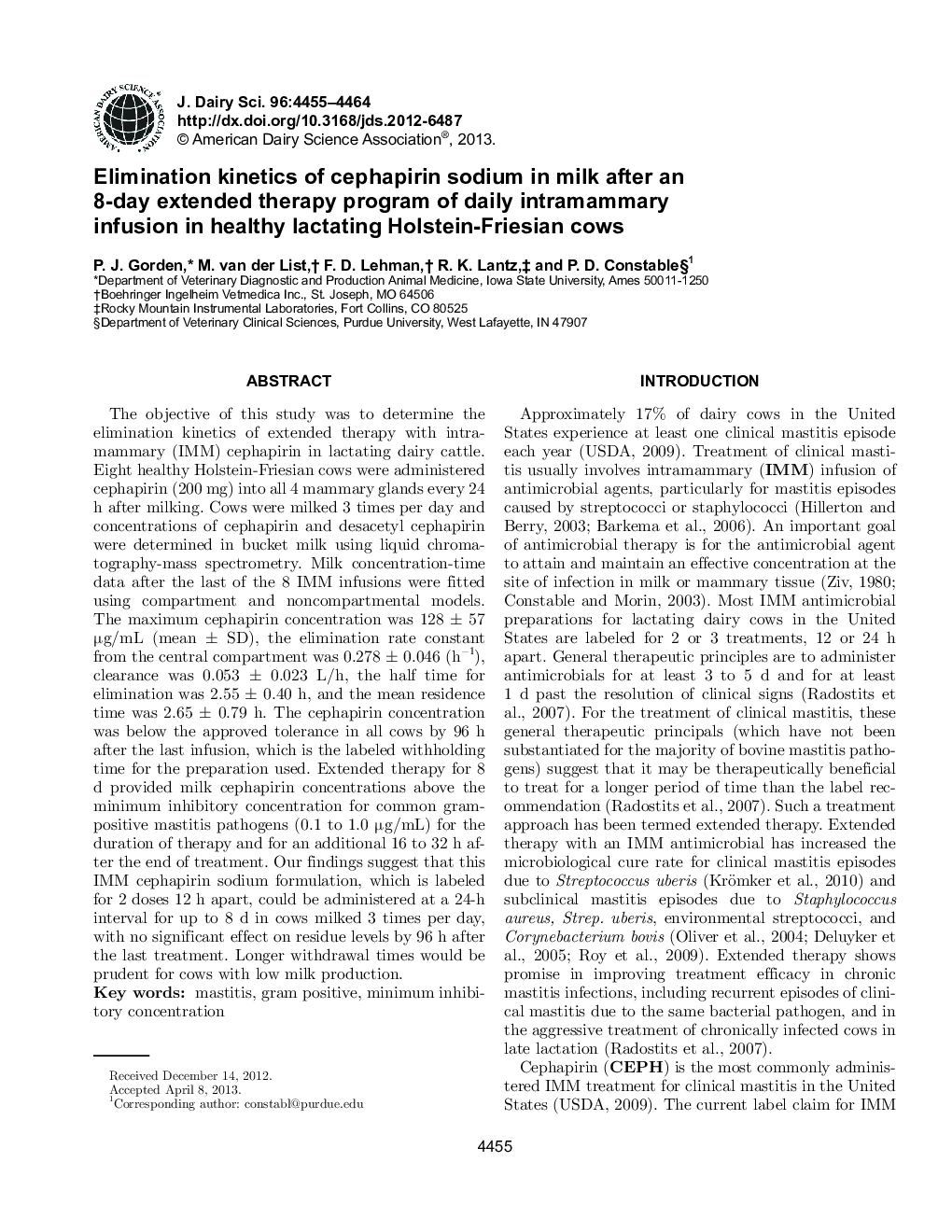 Elimination kinetics of cephapirin sodium in milk after an 8-day extended therapy program of daily intramammary infusion in healthy lactating Holstein-Friesian cows