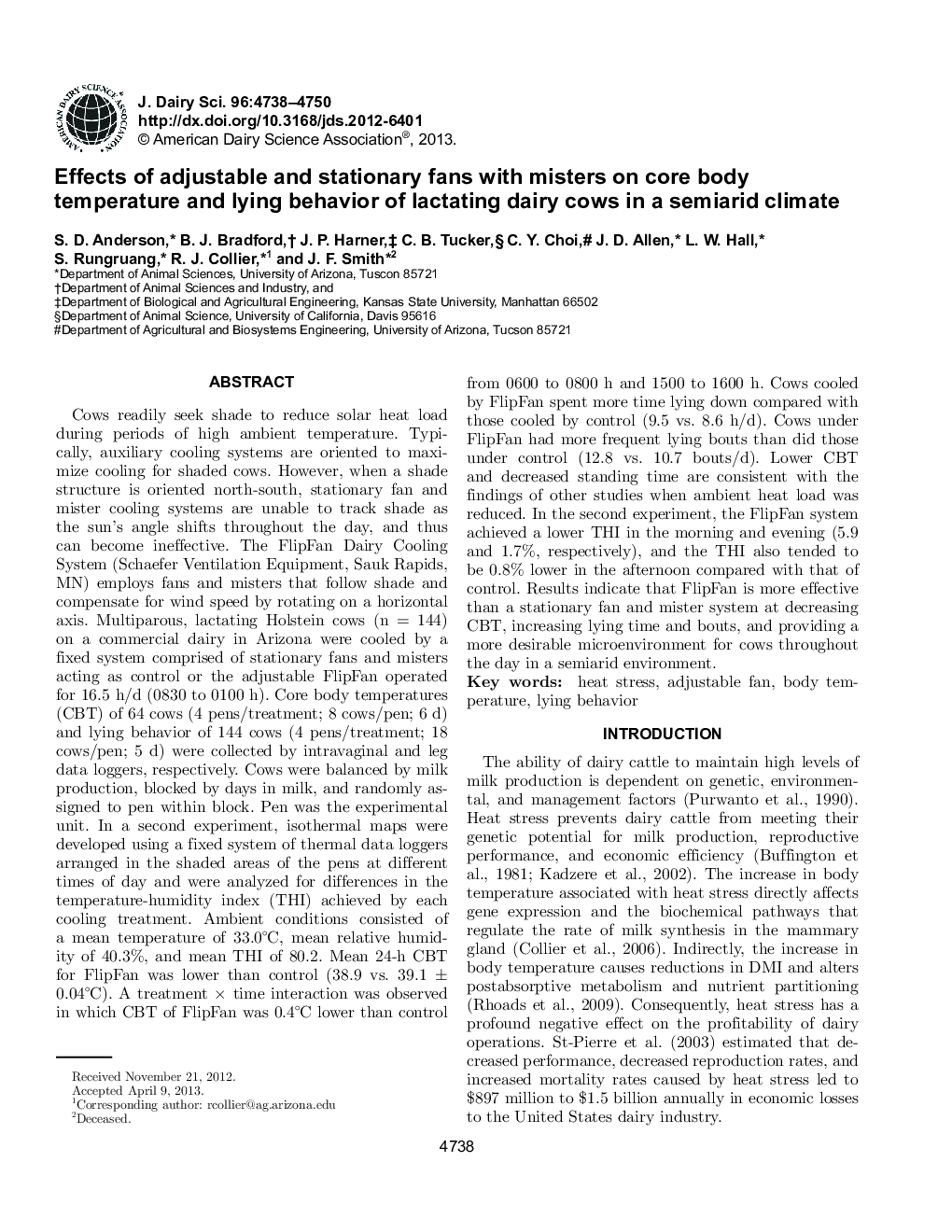 Effects of adjustable and stationary fans with misters on core body temperature and lying behavior of lactating dairy cows in a semiarid climate