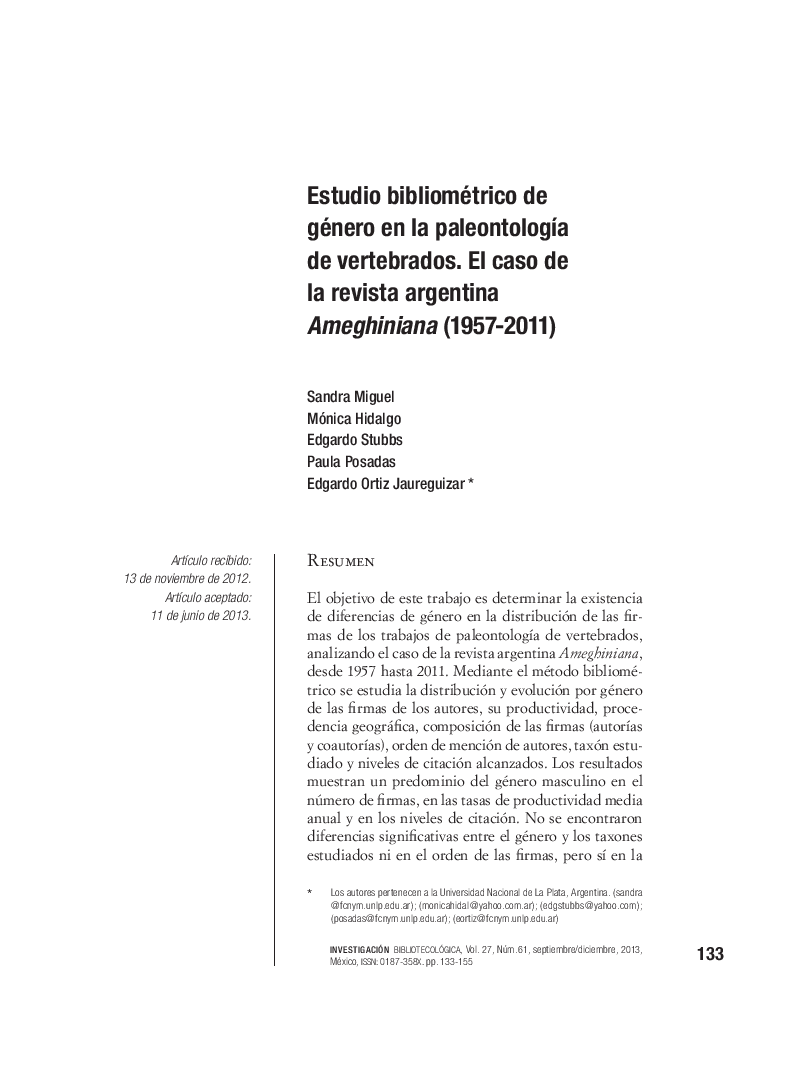 Estudio bibliométrico de género en la paleontología de vertebrados. El caso de la revista argentina Ameghiniana (1957-2011)