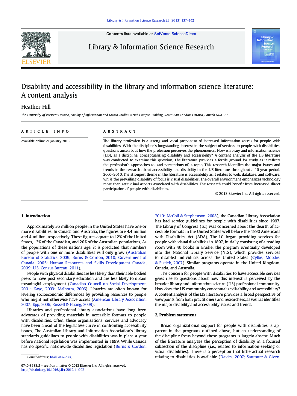 Disability and accessibility in the library and information science literature: A content analysis