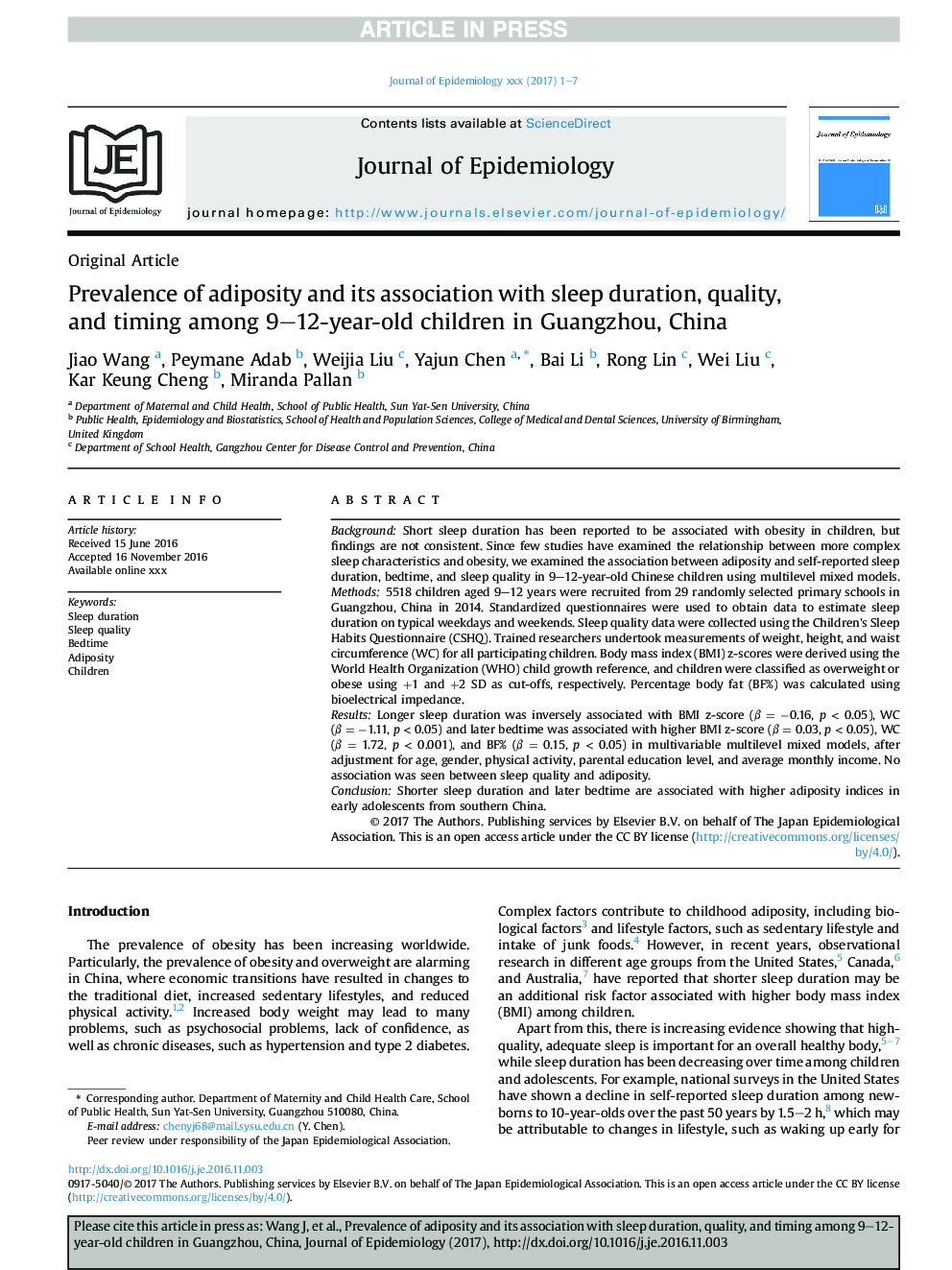 شیوع چاقی و ارتباط آن با مدت، کیفیت و زمان خواب در کودکان 9 تا 12 ساله در گوانگژو، چین 