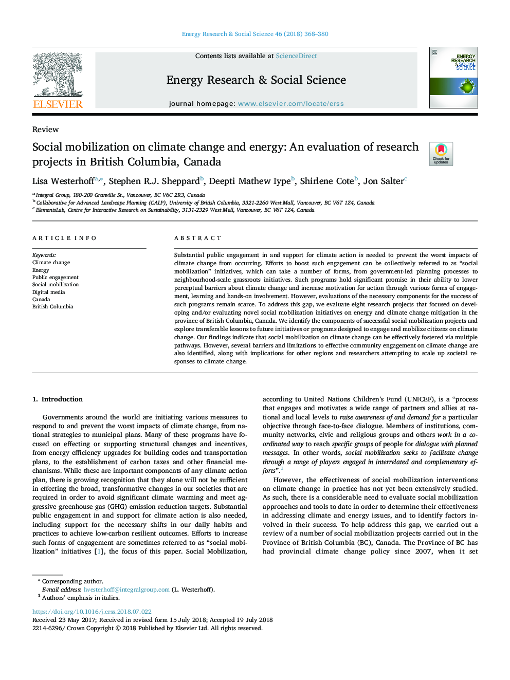 بسیج اجتماعی در مورد تغییرات اقلیمی و انرژی: ارزیابی پروژه های تحقیقاتی در بریتیش کلمبیا، کانادا
