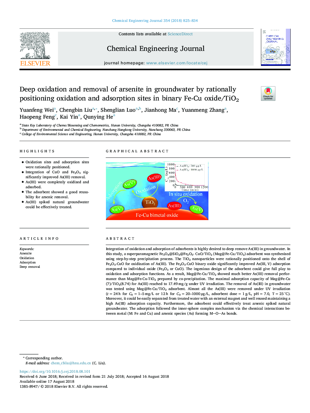 Deep oxidation and removal of arsenite in groundwater by rationally positioning oxidation and adsorption sites in binary Fe-Cu oxide/TiO2