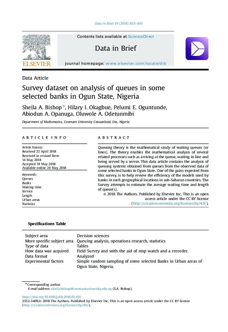 مجموعه داده های تحقیق در مورد تجزیه و تحلیل صف در برخی از بانک های انتخاب شده در ایالت اوگان، نیجریه