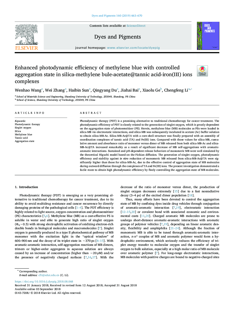 Enhanced photodynamic efficiency of methylene blue with controlled aggregation state in silica-methylene bule-acetate@tannic acid-iron(III) ions complexes