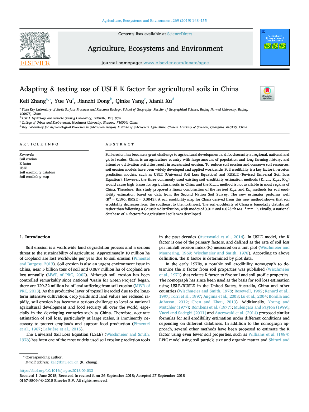 Adapting & testing use of USLE K factor for agricultural soils in China