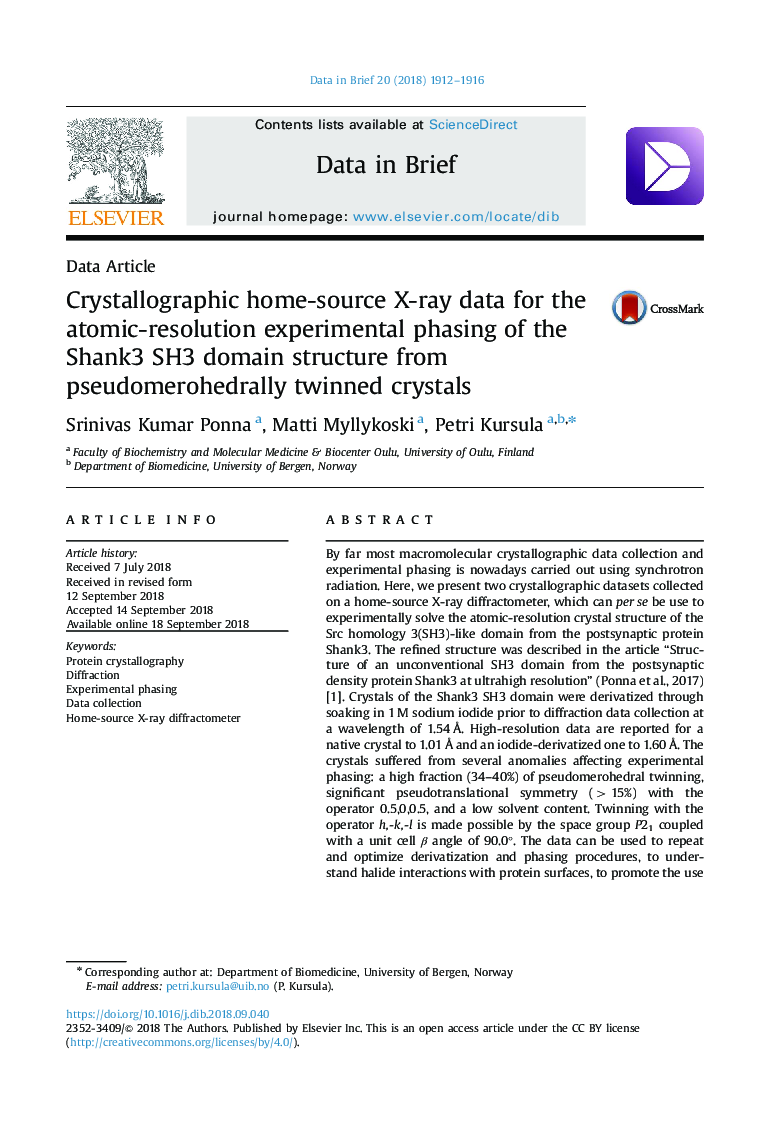 Crystallographic home-source X-ray data for the atomic-resolution experimental phasing of the Shank3 SH3 domain structure from pseudomerohedrally twinned crystals