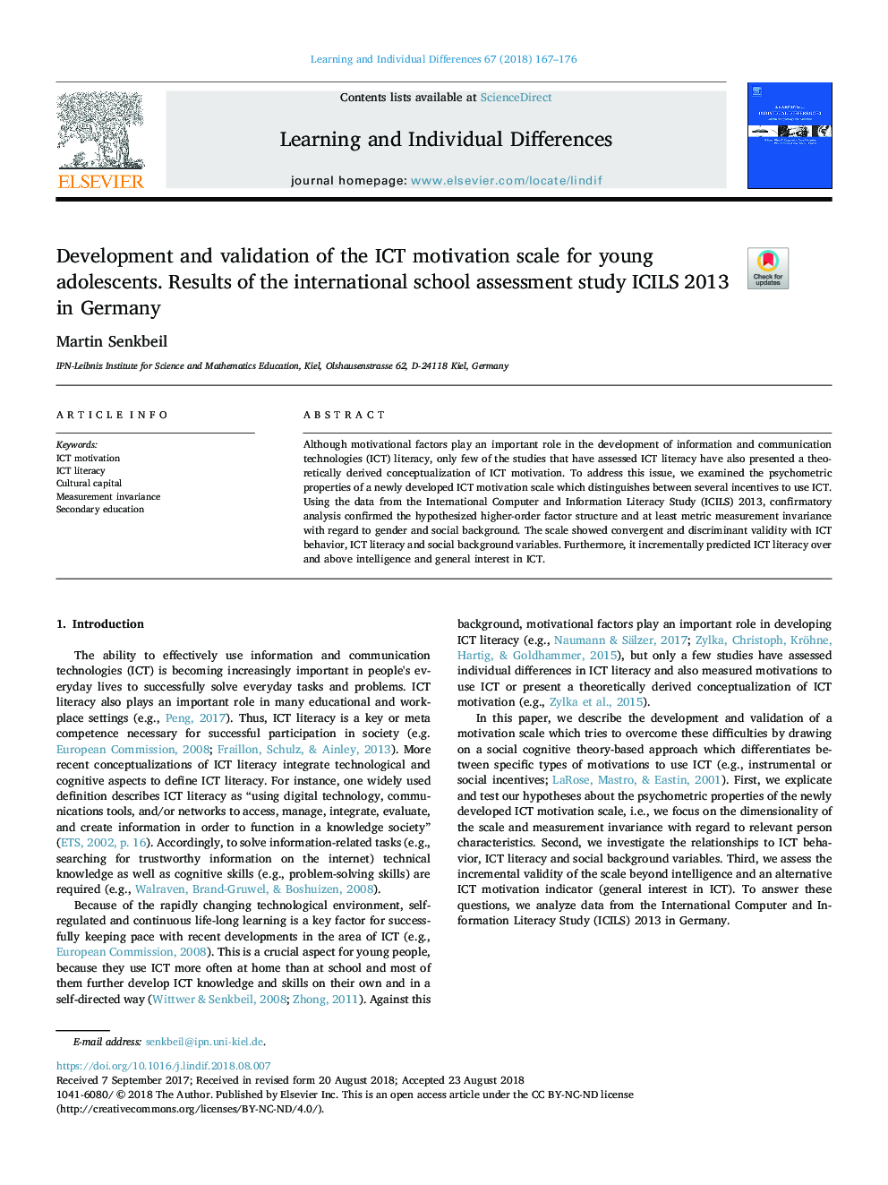 Development and validation of the ICT motivation scale for young adolescents. Results of the international school assessment study ICILS 2013 in Germany
