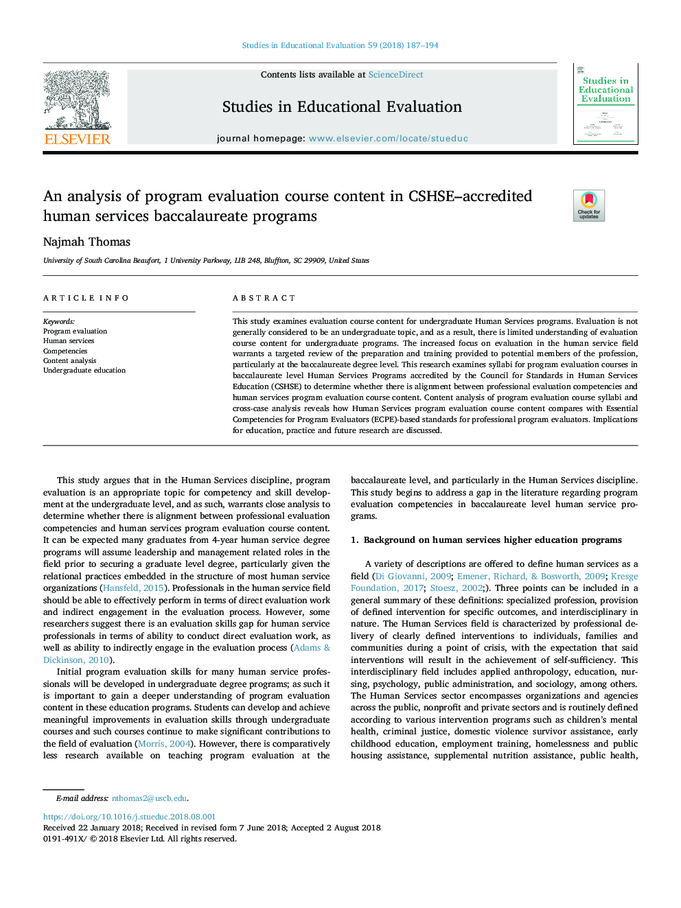 An analysis of program evaluation course content in CSHSE-accredited human services baccalaureate programs