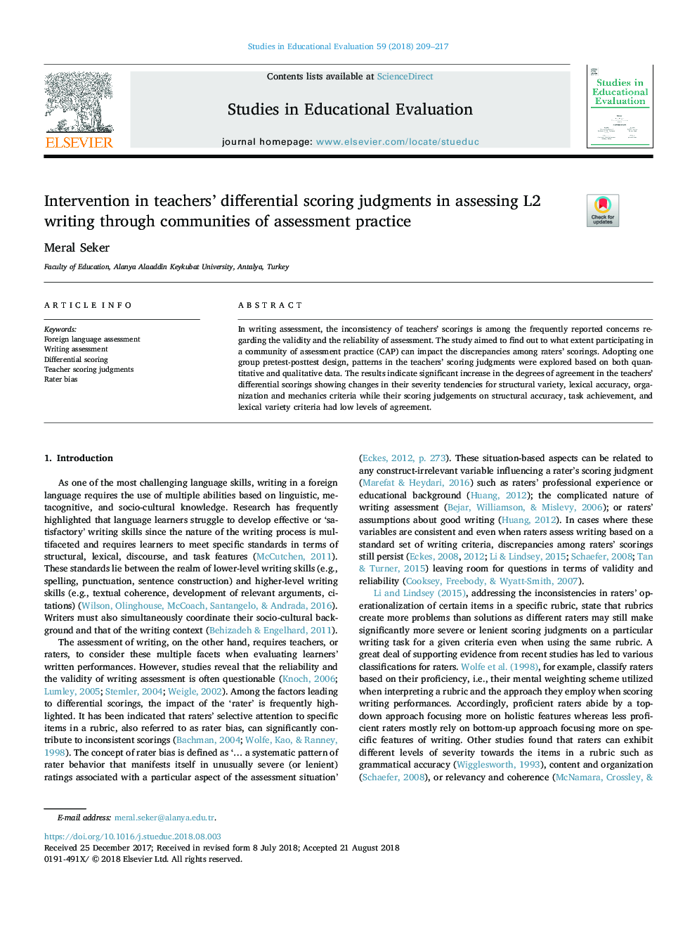 Intervention in teachers' differential scoring judgments in assessing L2 writing through communities of assessment practice