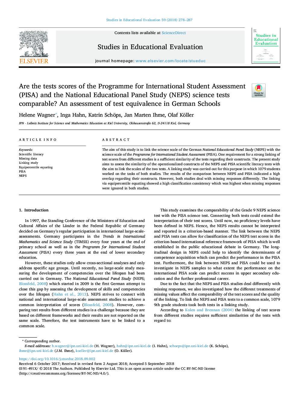 Are the tests scores of the Programme for International Student Assessment (PISA) and the National Educational Panel Study (NEPS) science tests comparable? An assessment of test equivalence in German Schools