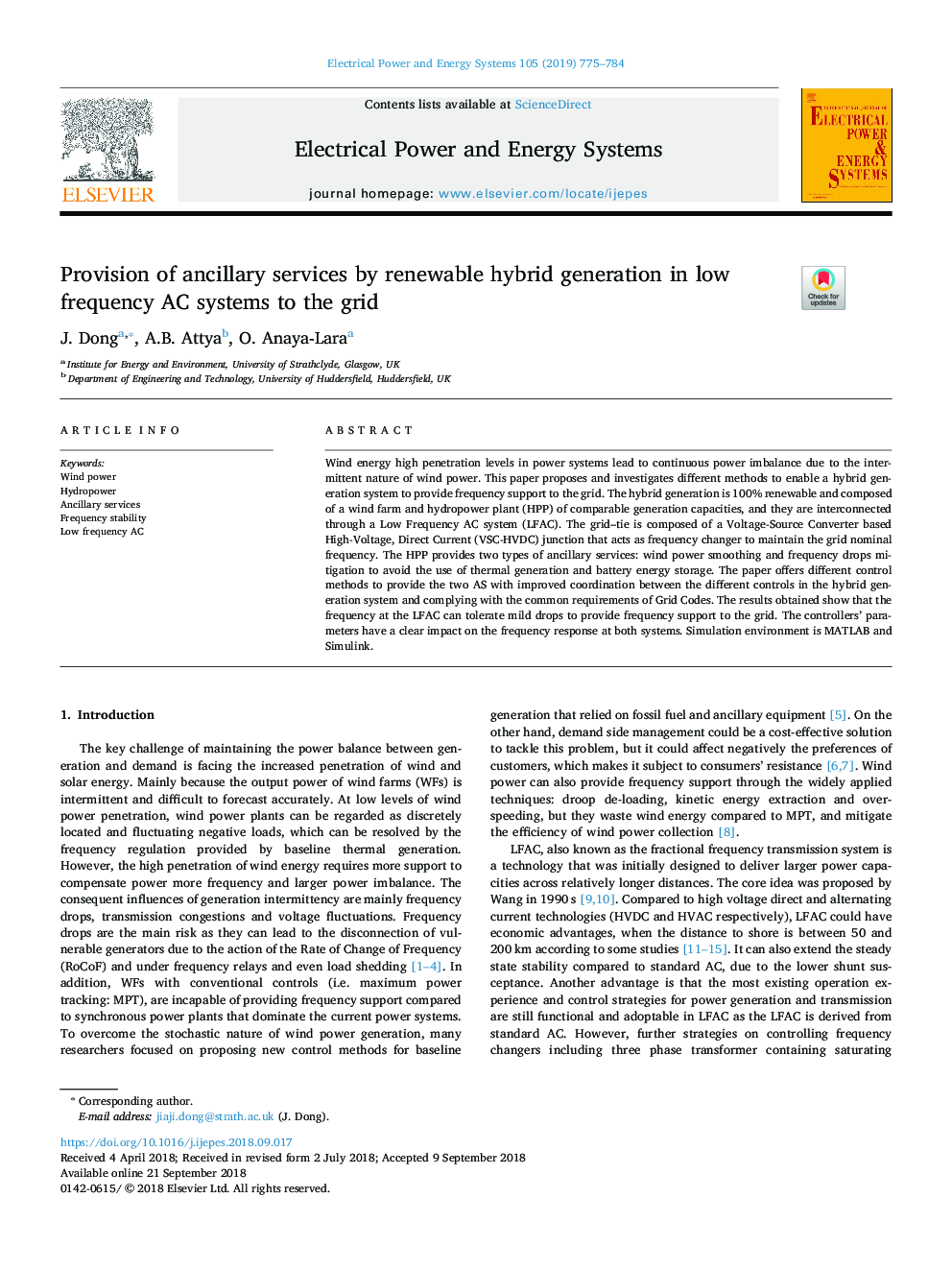 Provision of ancillary services by renewable hybrid generation in low frequency AC systems to the grid