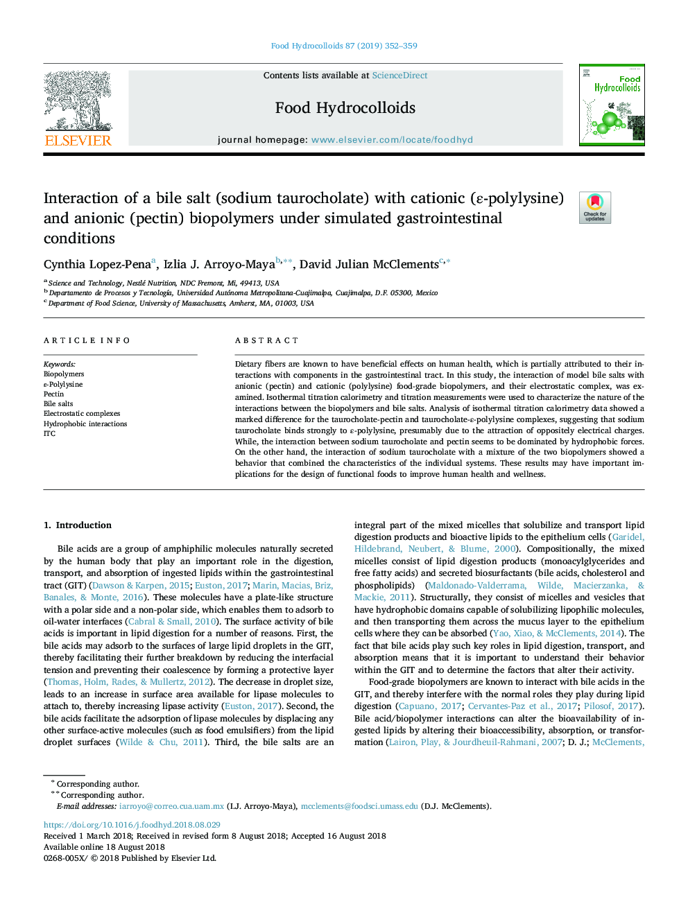 Interaction of a bile salt (sodium taurocholate) with cationic (Îµ-polylysine) and anionic (pectin) biopolymers under simulated gastrointestinal conditions