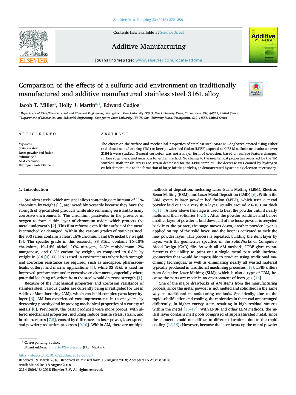 Comparison of the effects of a sulfuric acid environment on traditionally manufactured and additive manufactured stainless steel 316L alloy