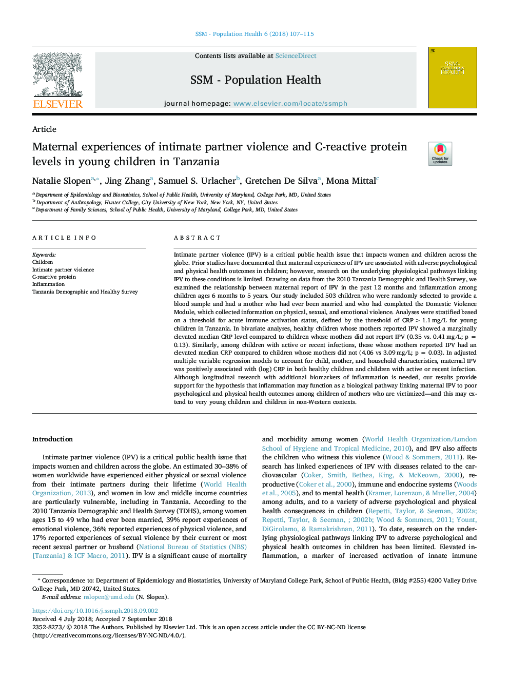 Maternal experiences of intimate partner violence and C-reactive protein levels in young children in Tanzania