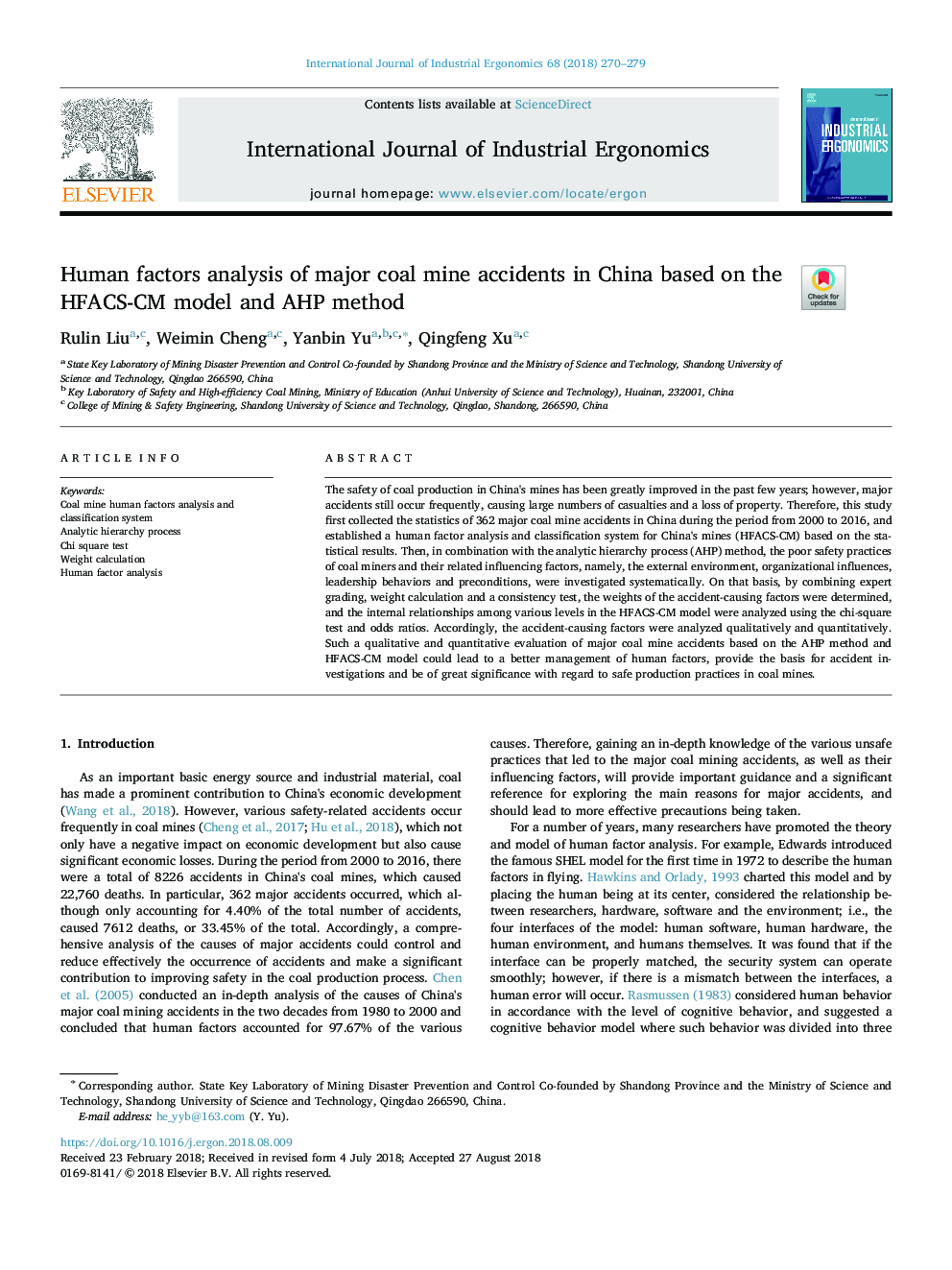 Human factors analysis of major coal mine accidents in China based on the HFACS-CM model and AHP method