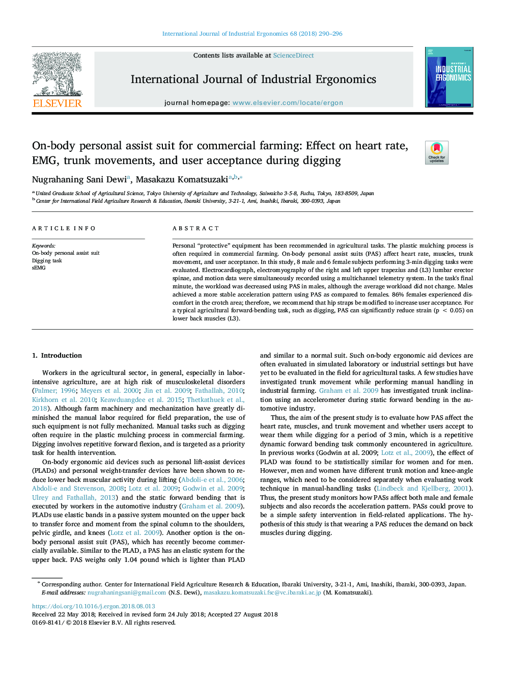 On-body personal assist suit for commercial farming: Effect on heart rate, EMG, trunk movements, and user acceptance during digging