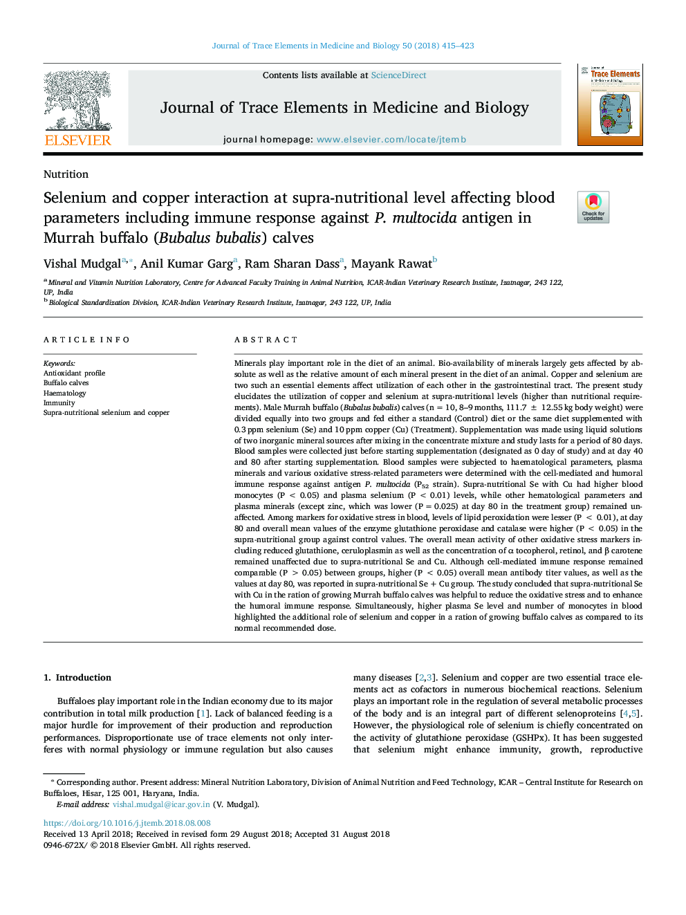 Selenium and copper interaction at supra-nutritional level affecting blood parameters including immune response against P. multocida antigen in Murrah buffalo (Bubalus bubalis) calves