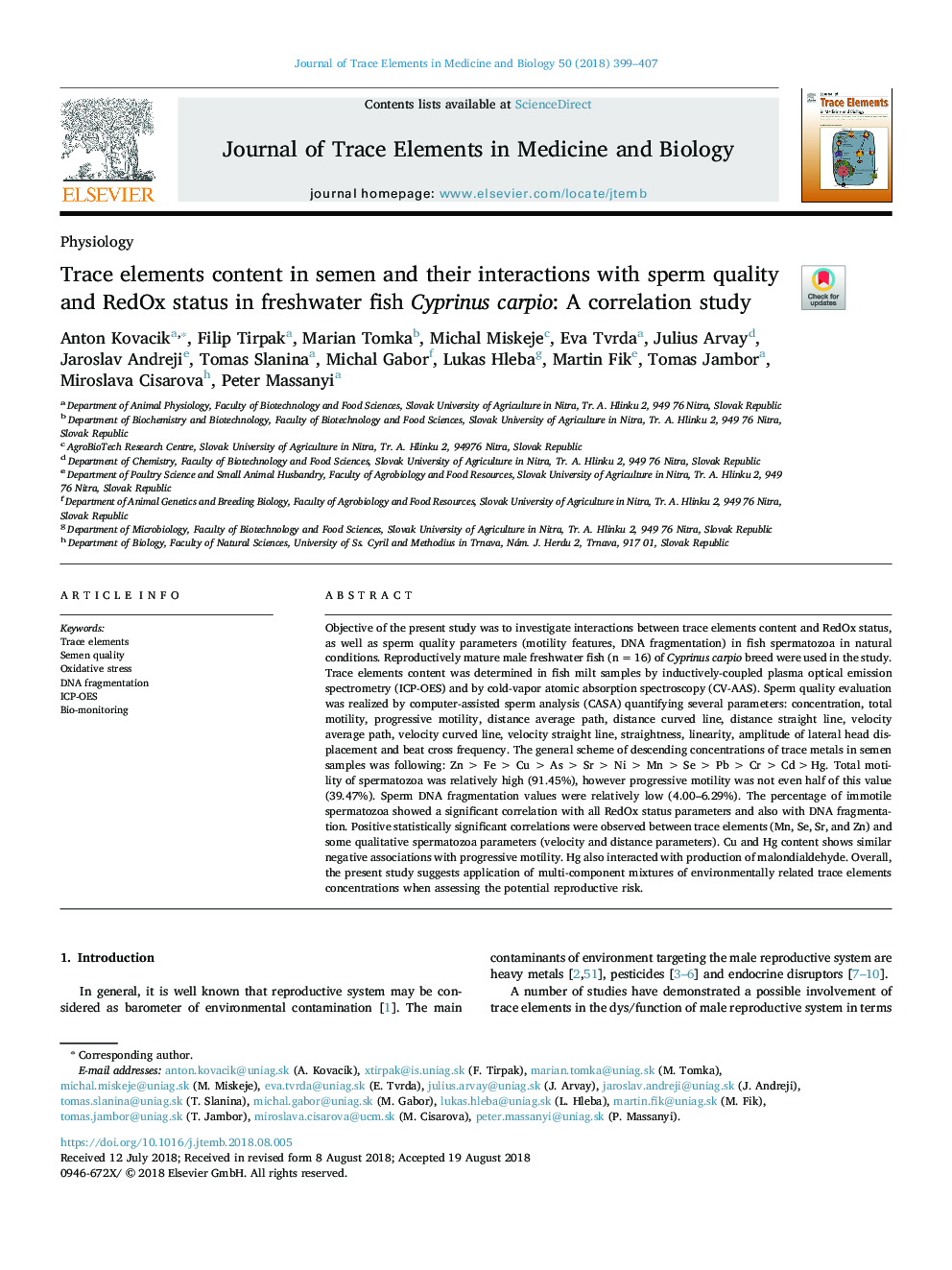 Trace elements content in semen and their interactions with sperm quality and RedOx status in freshwater fish Cyprinus carpio: A correlation study
