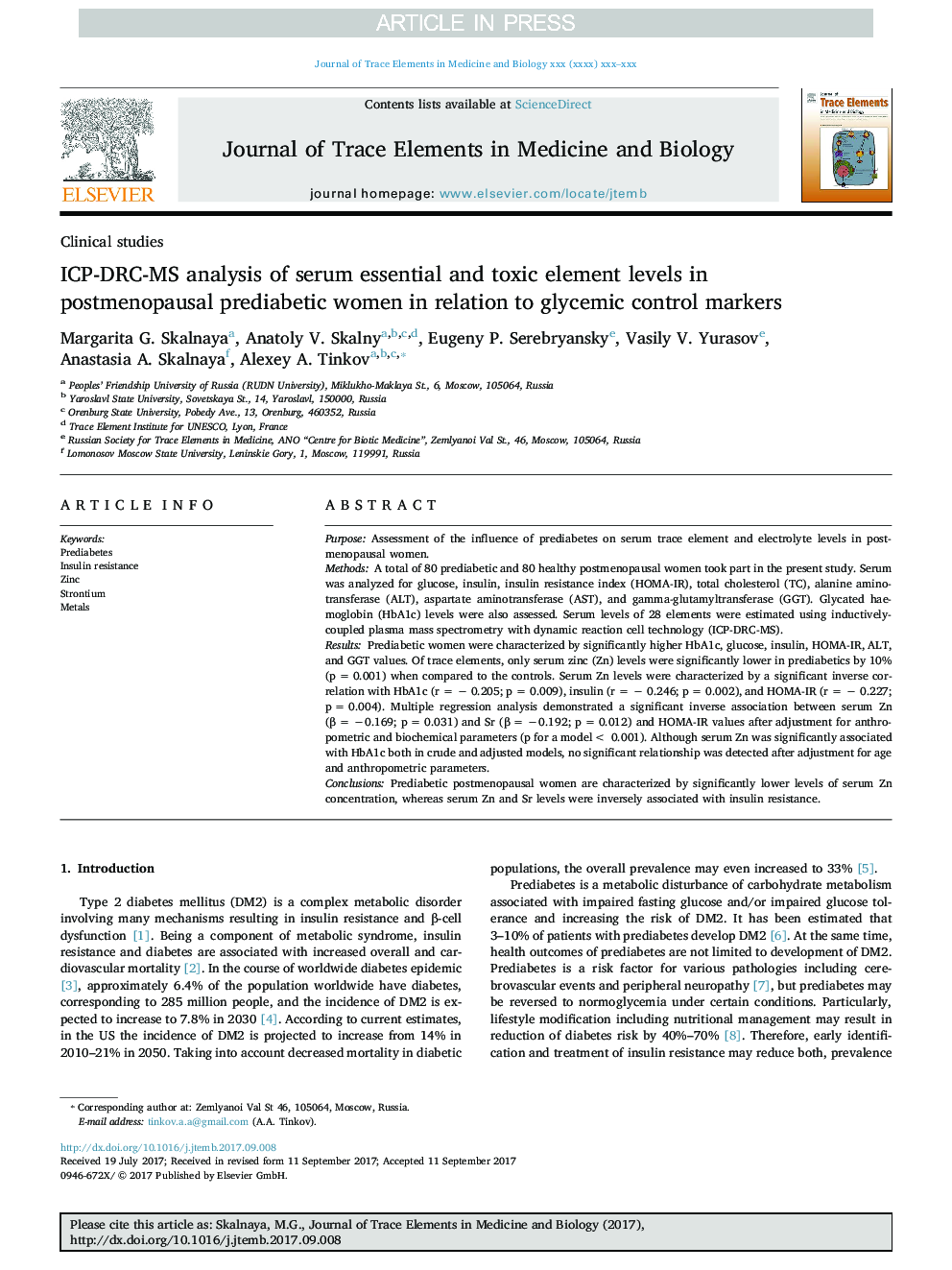 ICP-DRC-MS analysis of serum essential and toxic element levels in postmenopausal prediabetic women in relation to glycemic control markers