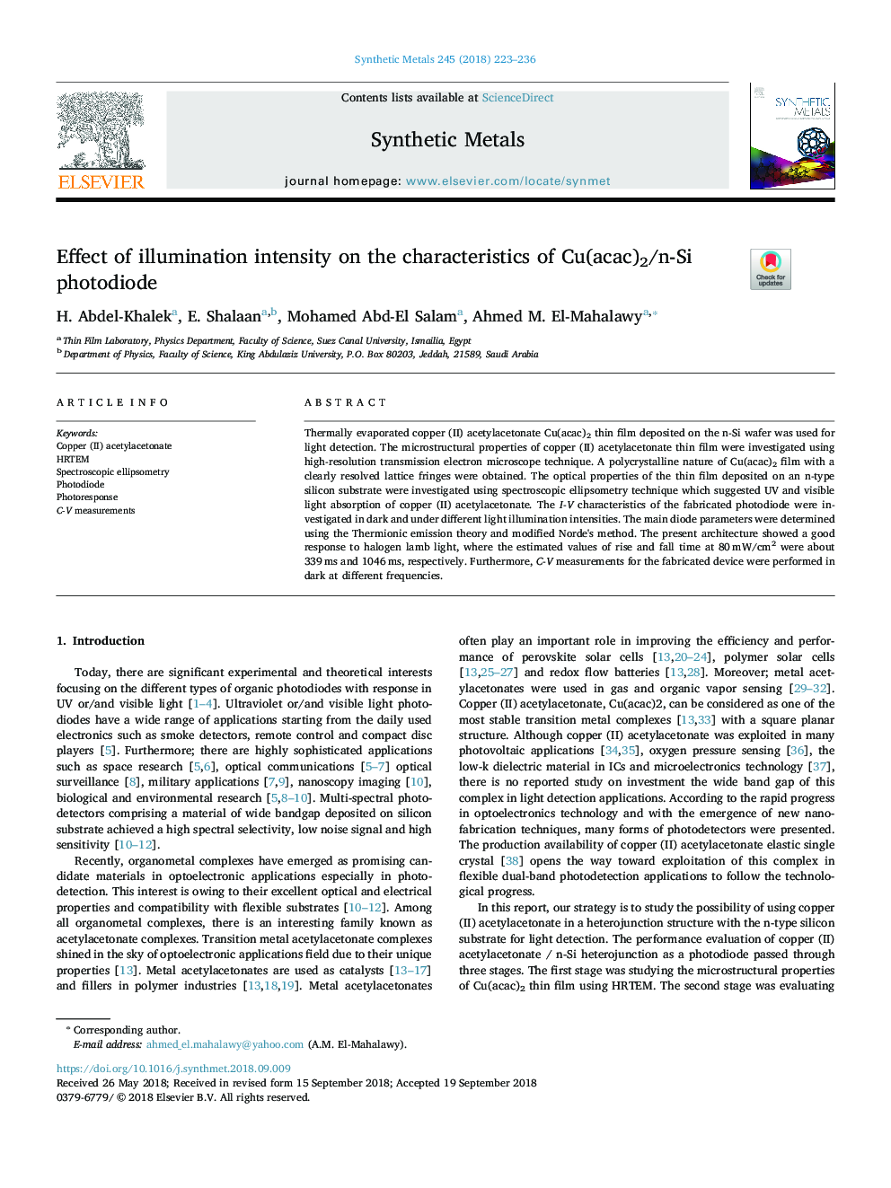 Effect of illumination intensity on the characteristics of Cu(acac)2/n-Si photodiode