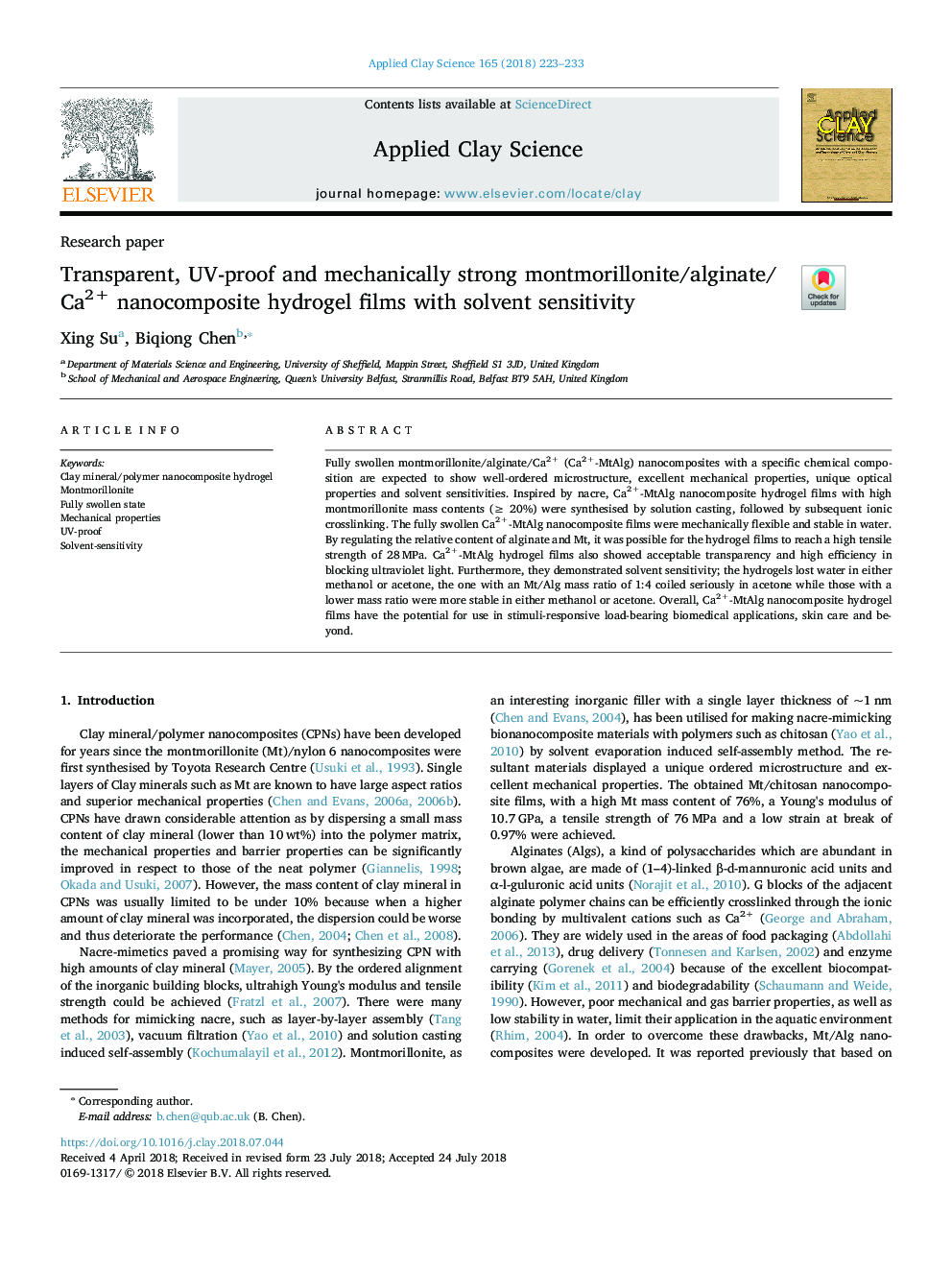 Transparent, UV-proof and mechanically strong montmorillonite/alginate/Ca2+ nanocomposite hydrogel films with solvent sensitivity