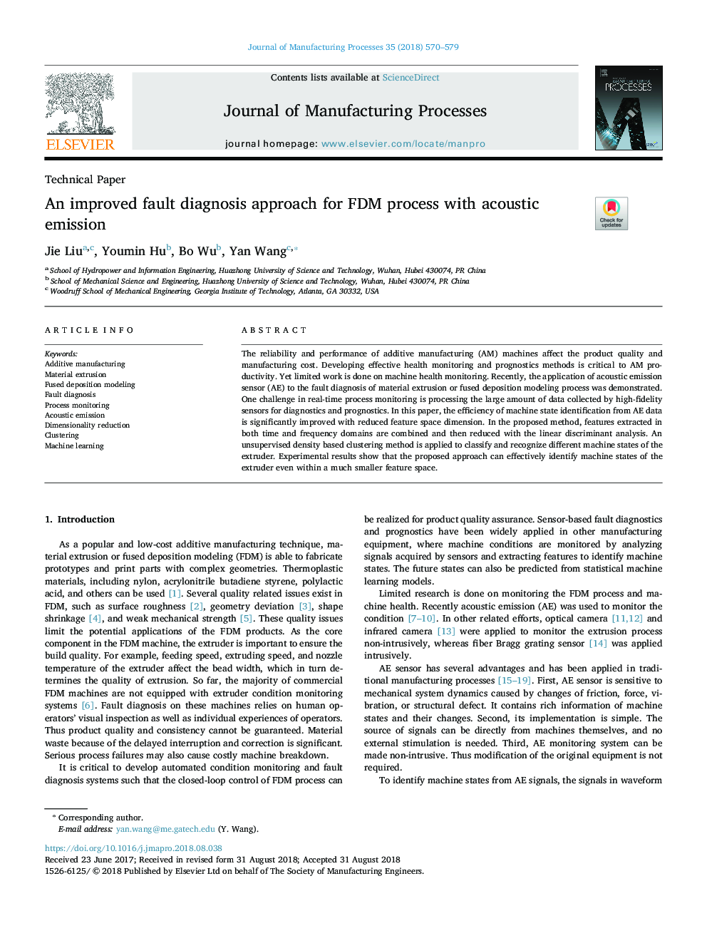 An improved fault diagnosis approach for FDM process with acoustic emission