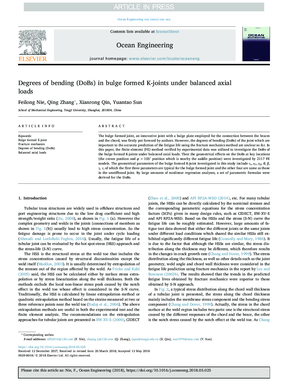 Degrees of bending (DoBs) in bulge formed K-joints under balanced axial loads