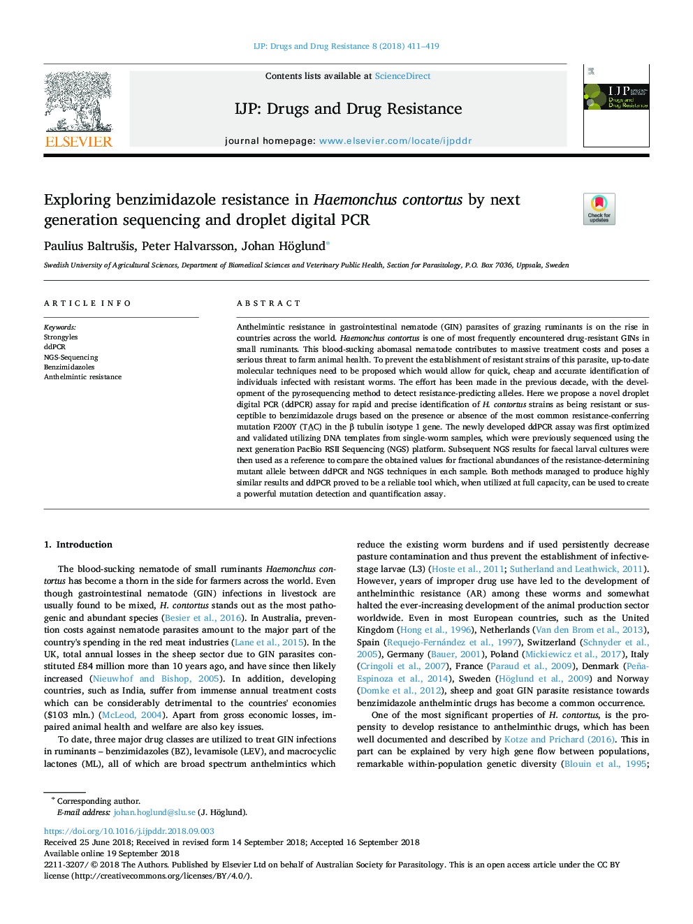 Exploring benzimidazole resistance in Haemonchus contortus by next generation sequencing and droplet digital PCR