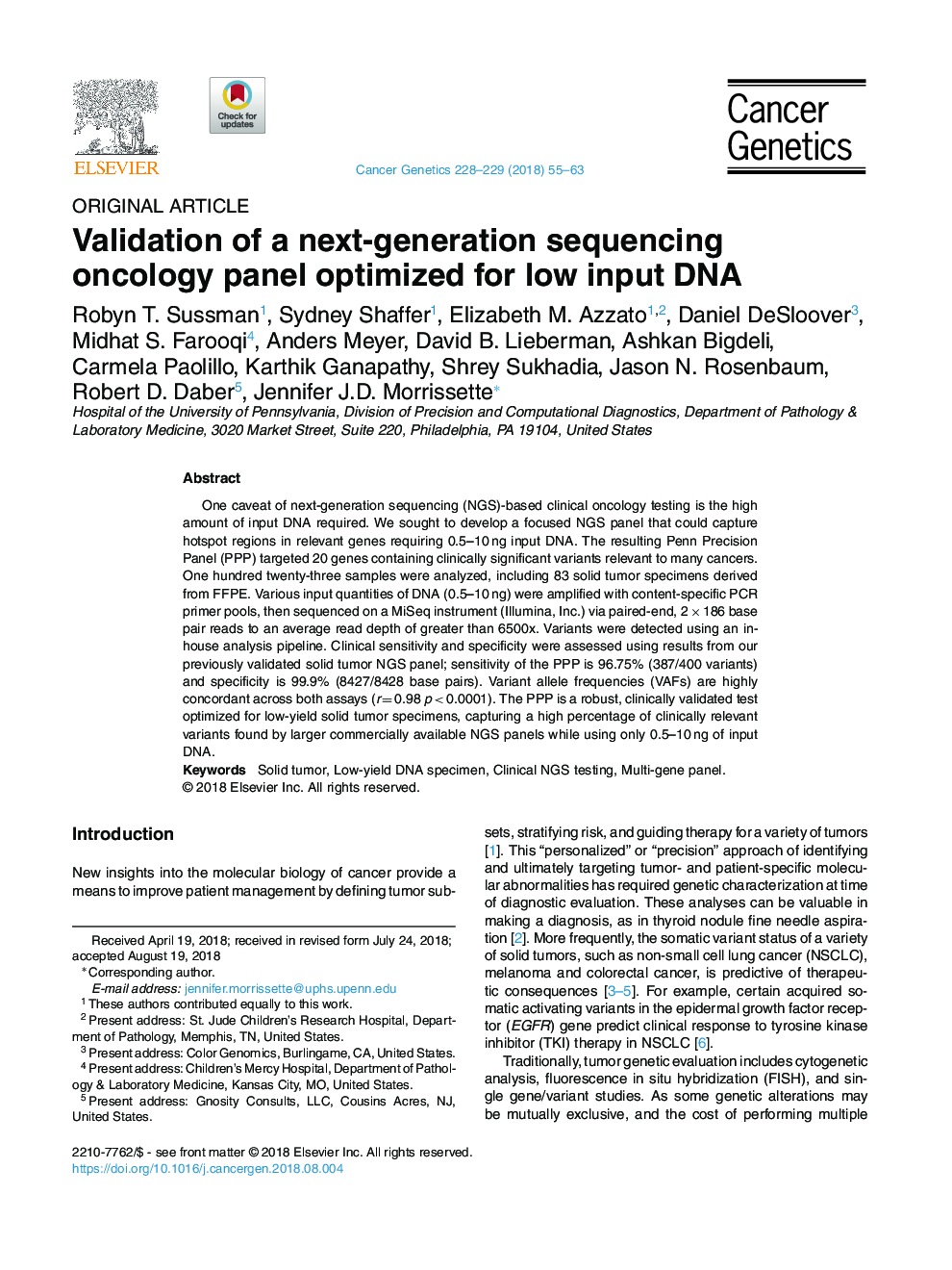 Validation of a next-generation sequencing oncology panel optimized for low input DNA