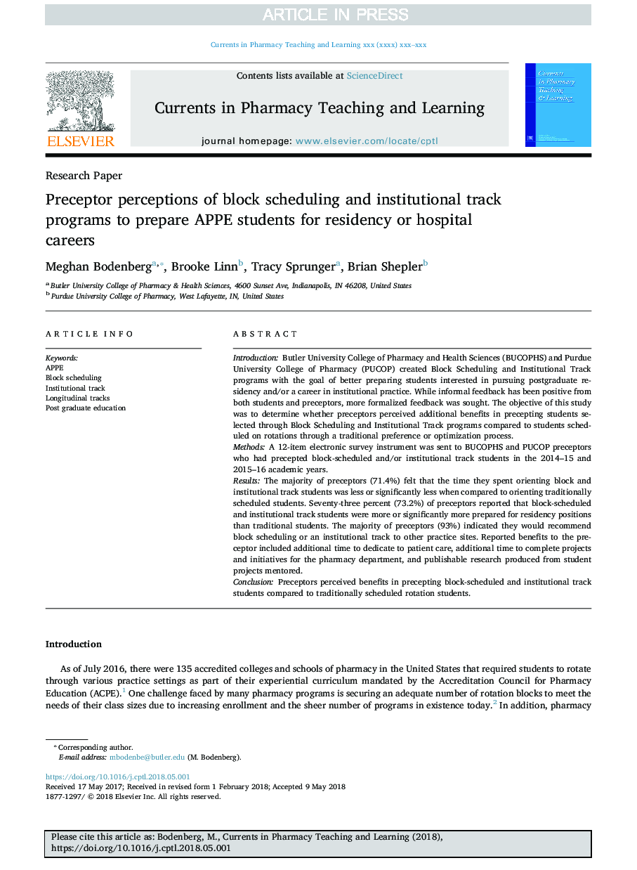 Preceptor perceptions of block scheduling and institutional track programs to prepare APPE students for residency or hospital careers