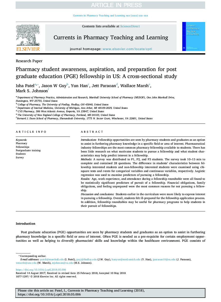 Pharmacy student awareness, aspiration, and preparation for post graduate education (PGE) fellowship in US: A cross-sectional study