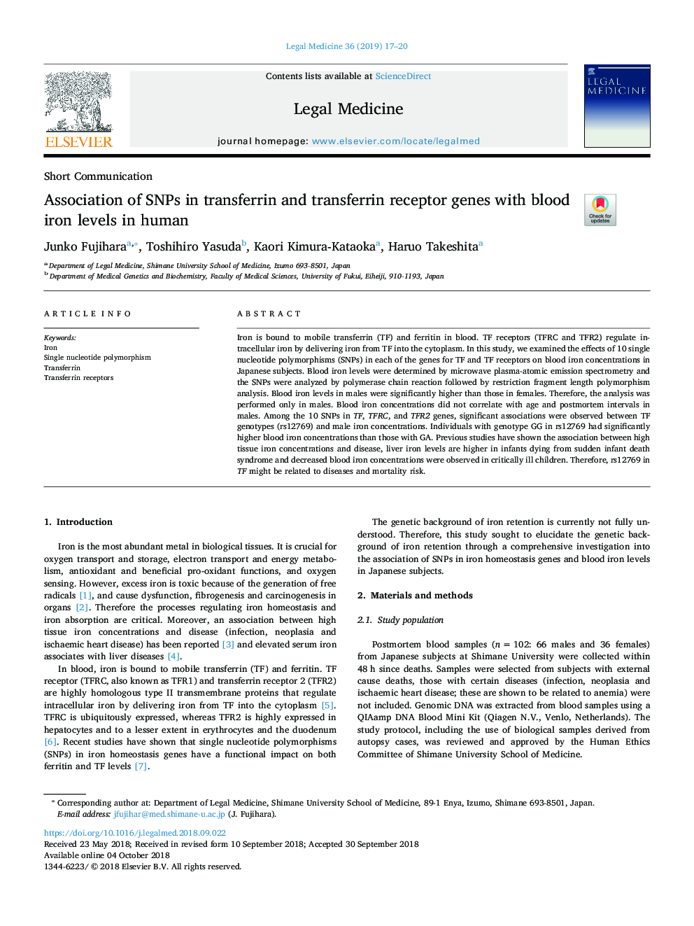 Association of SNPs in transferrin and transferrin receptor genes with blood iron levels in human