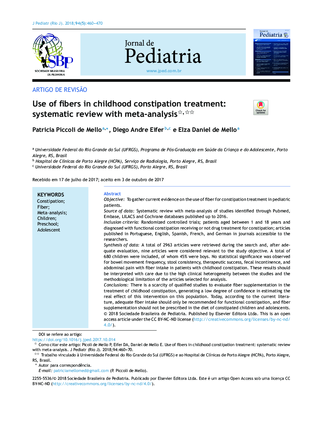 Use of fibers in childhood constipation treatment: systematic review with metaâanalysis