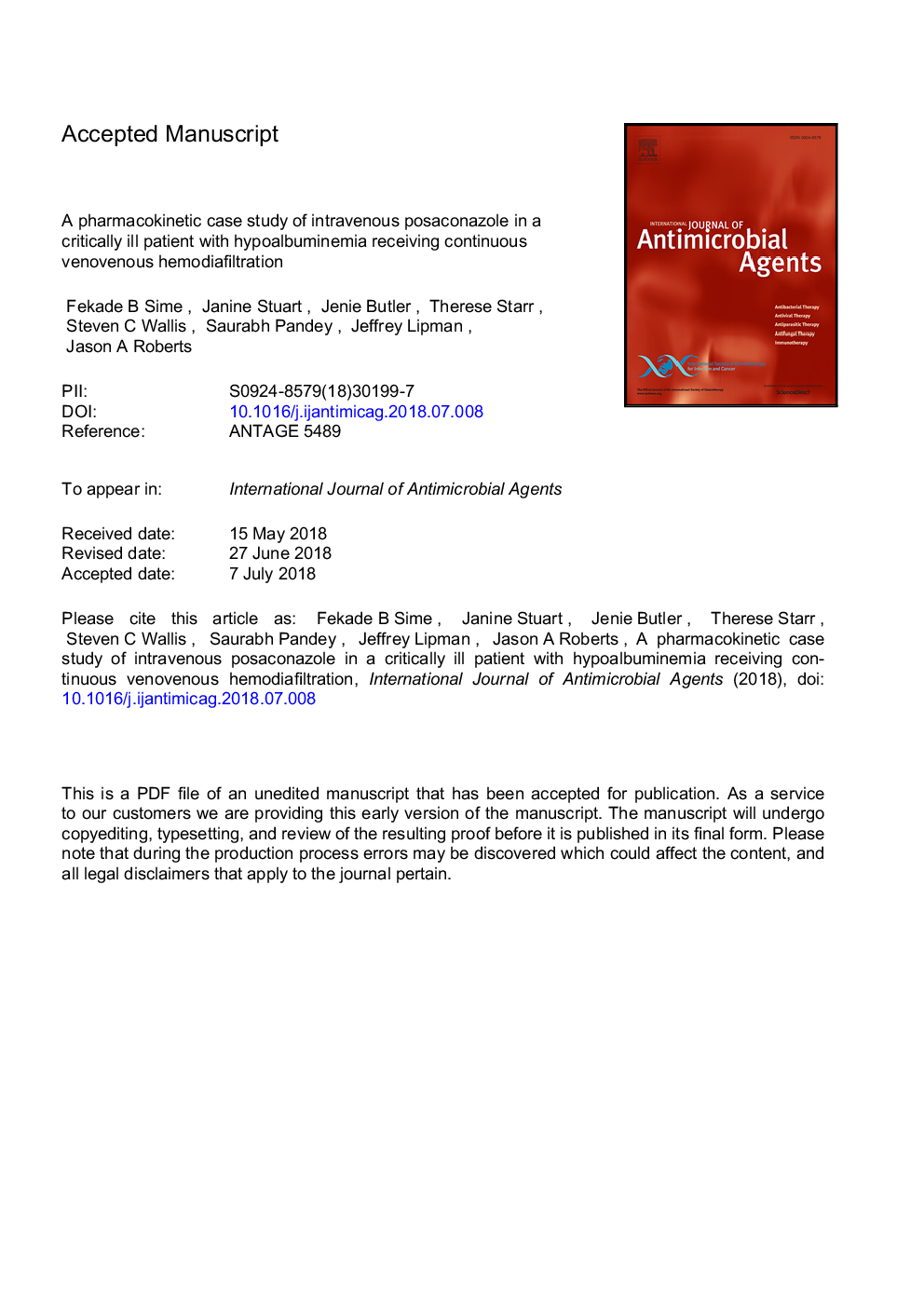 A pharmacokinetic case study of intravenous posaconazole in a critically ill patient with hypoalbuminaemia receiving continuous venovenous haemodiafiltration