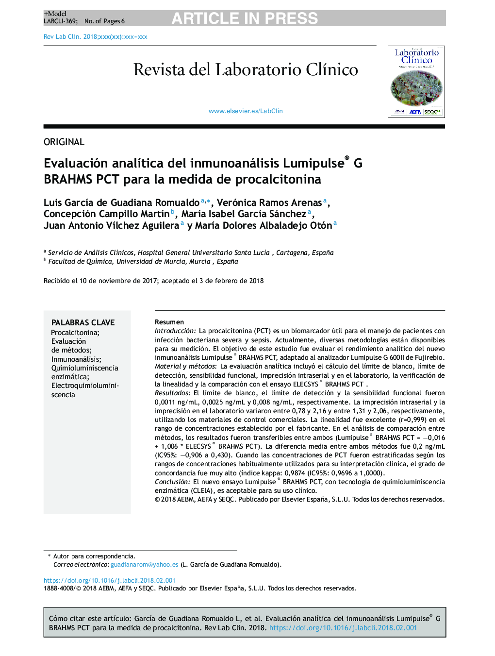 Evaluación analÃ­tica del inmunoanálisis Lumipulse® G BRAHMS PCT para la medida de procalcitonina