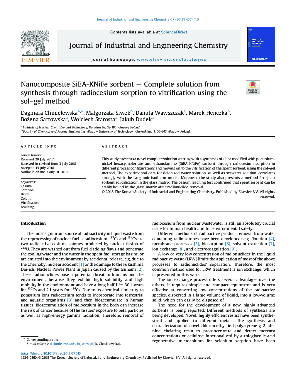 Nanocomposite SiEA-KNiFe sorbent - Complete solution from synthesis through radiocesium sorption to vitrification using the sol-gel method